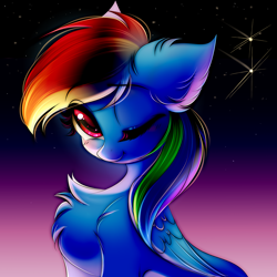 Size: 4000x4000 | Tagged: safe, artist:mite-lime, imported from derpibooru, rainbow dash, pegasus, pony, chest fluff, female, gradient background, one eye closed, solo, stars, wink