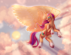 Size: 1996x1543 | Tagged: safe, artist:22poisoncookie22, artist:norica-official, imported from derpibooru, sunny starscout, alicorn, pony, artificial horn, artificial wings, augmented, collaboration, female, g5, horn, magic, magic horn, magic wings, race swap, solo, sunnycorn, wings