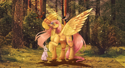 Size: 3020x1652 | Tagged: safe, artist:22poisoncookie22, artist:norica-official, imported from derpibooru, fluttershy, bird, pony, rabbit, animal, cheek fluff, collaboration, female, forest, scenery
