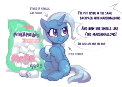 Size: 2815x2000 | Tagged: safe, artist:jewellier, imported from derpibooru, trixie, pony, unicorn, annoyed, arrow, bag, blushing, chewing, cute, dialogue, diatrixes, eating, english, food, hoof hold, implied vulgar, inconvenient trixie, insult, insulted, marshmallow, offscreen character, real life based, simple background, sitting, smelly, solo, speech bubble, text, tiny, tiny ponies, trixie is not amused, unamused, white background