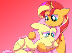 Size: 1456x1080 | Tagged: safe, artist:fruiitypieq, artist:shycookieq, imported from derpibooru, fluttershy, sunset shimmer, pegasus, pony, unicorn, comforting, crying, cute, duo, female, gradient background, sad, sadorable, shyabetes