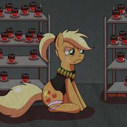 Size: 1000x1000 | Tagged: safe, artist:fruiitypieq, artist:shycookieq, imported from derpibooru, applejack, earth pony, pony, can, female, food, frown, grumpy, shelf, solo, soup, tomato, tomato soup