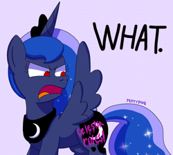 Size: 1186x1061 | Tagged: safe, artist:fruiitypieq, artist:shycookieq, imported from derpibooru, princess luna, alicorn, pony, angry, body writing, female, funny, implied princess celestia, open mouth, solo, trollestia