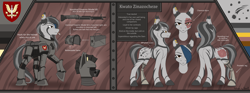 Size: 8016x2988 | Tagged: safe, artist:klarapl, imported from derpibooru, oc, oc only, oc:kwato zinazocheze, zebra, fallout equestria, abstract background, amputee, armor, battle saddle, cigarette, color palette, cutie mark, ear piercing, earring, emblem, eye scar, eyepatch, facial scar, fallout, female, gun, helmet, jewelry, m60, machine gun, mare, piercing, power armor, prosthetic leg, prosthetic limb, prosthetics, reference sheet, scar, solo, text, weapon, zebra oc