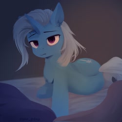 Size: 2048x2048 | Tagged: safe, alternate version, artist:some_ponu, imported from derpibooru, trixie, pony, unicorn, bed, blanket, cute, diatrixes, female, mare, morning ponies, pillow, simple background, solo