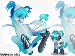 Size: 1600x1200 | Tagged: safe, artist:heartwoozy, imported from derpibooru, bat pony, pony, pony town, bat ponified, fangs, hatsune miku, legwear, open mouth, open smile, ponified, race swap, smiling, vocaloid, wings