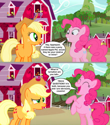 Size: 1280x1455 | Tagged: safe, artist:silverbuller, imported from derpibooru, applejack, pinkie pie, earth pony, pony, applejack's hat, comic, cowboy hat, dialogue, duo, duo female, female, hat, speech bubble, sweet apple acres