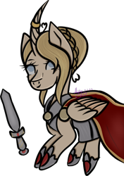 Size: 3149x4468 | Tagged: safe, artist:thecommandermiky, imported from derpibooru, oc, oc only, oc:artura, alicorn, pony, alicorn oc, armor, armored pony, cape, clothes, female, horn, mare, simple background, solo, sword, transparent background, weapon, wings