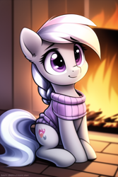 Size: 512x768 | Tagged: safe, imported from derpibooru, silver spoon, earth pony, pony, ai content, ai generated, alternate cutie mark, braid, braided ponytail, clothes, cute, female, filly, fire, fireplace, foal, generator:novelai, generator:stable diffusion, missing accessory, ponytail, silverbetes, sitting, solo, sweater, wrong cutie mark