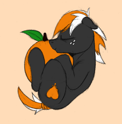 Size: 1082x1101 | Tagged: safe, artist:sefastpone, imported from derpibooru, oc, oc only, oc:se, earth pony, colored sketch, cuddling, ears back, food, freckles, fruit, male, orange, sleeping, stallion, tail, tail wrap