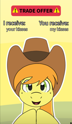 Size: 4850x8334 | Tagged: safe, artist:sefastpone, imported from derpibooru, braeburn, earth pony, pony, bust, cowboy hat, hat, looking at you, male, meme, stallion, text, trade offer
