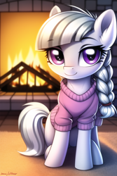 Size: 512x768 | Tagged: safe, imported from derpibooru, oc, oc only, earth pony, pony, ai content, ai generated, braid, braided ponytail, clothes, female, filly, fire, fireplace, foal, generator:novelai, generator:stable diffusion, looking at you, not silver spoon, ponytail, sitting, sweater
