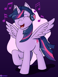 Size: 1500x1995 | Tagged: safe, artist:passionpanther, imported from derpibooru, twilight sparkle, alicorn, pony, series:ponies with headphones, cute, dancing, eyes closed, happy, headphones, music, music notes, open mouth, open smile, singing, smiling, solo, spread wings, twiabetes, twilight sparkle (alicorn), wings