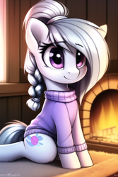 Size: 512x768 | Tagged: safe, imported from derpibooru, oc, oc only, earth pony, pony, ai content, ai generated, braid, braided ponytail, clothes, cushion, female, filly, fire, fireplace, foal, generator:novelai, generator:stable diffusion, looking at you, not silver spoon, ponytail, sitting, sweater