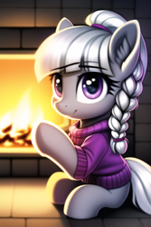 Size: 512x768 | Tagged: safe, imported from derpibooru, oc, oc only, earth pony, pony, ai content, ai generated, braid, braided ponytail, clothes, cute, female, filly, fire, fireplace, foal, generator:novelai, generator:stable diffusion, looking at you, not silver spoon, ponytail, sitting, sweater