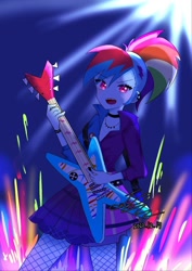 Size: 874x1236 | Tagged: safe, artist:rainn__1026, imported from derpibooru, rainbow dash, human, equestria girls, alternate hairstyle, choker, clothes, electric guitar, fireworks, fishnets, guitar, jacket, looking at you, musical instrument, open mouth, skirt, solo