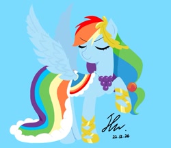 Size: 953x823 | Tagged: safe, artist:rainn__1026, imported from derpibooru, rainbow dash, pegasus, pony, blue background, clothes, cyan background, dress, eyebrows, eyebrows visible through hair, eyes closed, gala dress, simple background, smiling, solo, spread wings, wings