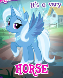 Size: 336x412 | Tagged: safe, idw, imported from derpibooru, trixie, alicorn, pony, reflections, spoiler:comic, alicornified, captain obvious, eyeshadow, female, gameloft, hoof shoes, house, idw showified, jewelry, lidded eyes, looking at you, makeup, meme, my little pony: magic princess, peytral, princess of humility, race swap, raised hoof, regalia, smiling, solo, sparkles, spread wings, tiara, trixiecorn, wings, wow! glimmer