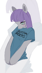 Size: 570x1000 | Tagged: safe, artist:heartwoozy, imported from derpibooru, maud pie, anthro, earth pony, autism, autistic maud, blushing, clothes, male, pun, shirt, simple background, smiling, solo, stallion, white background