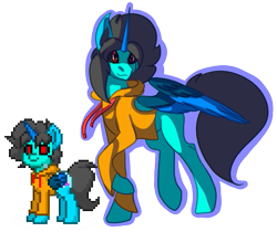 Size: 511x429 | Tagged: safe, artist:brybrychan, imported from derpibooru, oc, alicorn, pony, pony town, alicorn oc, clothes, duo, hoodie, horn, male, red eyes, simple background, smiling, stallion, transparent background, wings