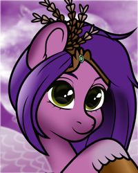 Size: 656x822 | Tagged: safe, alternate version, artist:bestiary, artist:lincolnbrewsterfan, color edit, editor:nc-tv, imported from derpibooru, vector edit, pipp petals, pegasus, pony, .svg available, adorable face, adorapipp, bust, cloud, cloudy, colored, colored eyebrows, colored eyelashes, colored hooves, colored pupils, colored wings, commission, crown, cute, cute face, cute smile, ear fluff, eye reflection, female, floral head wreath, flower, fluffy wings, g5, gold hooves, green eyes, happy, head, highlights, hooves, inkscape, inverted mouth, jewelry, lidded eyes, looking at something, looking forward, mare, my little pony: a new generation, my little pony: tell your tale, pink coat, portrait, profile, purple background, purple coat, purple hair, purple mane, purple sky, purple tail, raised hoof, reflection, regalia, shading, simple background, smiling, snout, solo, spread wings, svg, tail, unshorn fetlocks, vector, wings, ych inspired, your character here