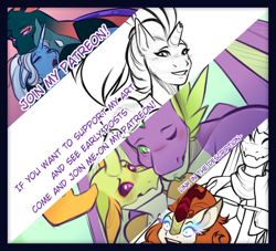 Size: 1100x1000 | Tagged: safe, artist:purplegrim40, imported from derpibooru, autumn blaze, pharynx, spike, tempest shadow, thorax, trixie, anthro, changedling, changeling, dragon, pony, floppy ears, gay, king thorax, male, older, older spike, one eye closed, winged spike, wings, wink