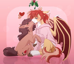 Size: 1024x891 | Tagged: safe, artist:purplegrim40, imported from derpibooru, oc, oc:mango dream, oc:waffle syrup, bat pony, earth pony, pony, abstract background, bat pony oc, bat wings, female, kissing, male, mare, mistleholly, oc x oc, shipping, stallion, straight, unshorn fetlocks, wings