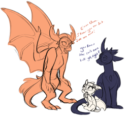 Size: 964x878 | Tagged: safe, artist:purplegrim40, imported from derpibooru, spike, thorax, oc, oc:clara, changedling, changeling, dragon, hybrid, baby, dialogue, dragonling, gay couple, interspecies offspring, limited palette, magical gay spawn, male, offspring, older, older spike, parent:spike, parent:thorax, parents:thoraxspike, simple background, white background, winged spike, wings