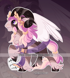 Size: 3934x4362 | Tagged: safe, artist:gkolae, imported from derpibooru, oc, oc only, sheep, cloven hooves, laurel wreath, male, raised hoof, ram, solo, wings, zoom layer