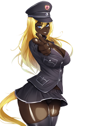 Size: 3621x5120 | Tagged: safe, artist:aryanne, edit, imported from twibooru, oc, oc only, oc:aryanne, human, blonde, blonde hair, blue eyes, cap, clothes, dark skin, hat, humanized, image, looking at you, nazi, panties, peaked cap, png, pointing, pointing at you, simple background, skirt, socks, solo, tailed humanization, thigh highs, transparent background, underwear, uniform