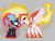 Size: 2800x2100 | Tagged: safe, artist:omelettepony, daybreaker, alicorn, kirin, nirik, crown, crystal, fangs, fire, gray background, horn, jewelry, looking at each other, mane of fire, open mouth, regalia, simple background, spread wings, standing, wings