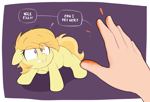 Size: 2268x1538 | Tagged: safe, artist:shinodage, imported from twibooru, noi, earth pony, human, pony, cheeto dust, dialogue, do not want, exclamation point, female, filly, hand, image, imminent non-consensual petting, offscreen character, png, solo focus