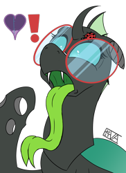 Size: 4000x5500 | Tagged: safe, artist:evan555alpha, imported from ponybooru, oc, oc only, oc:yvette (evan555alpha), changeling, insect, ladybug, broach, changeling oc, colored sketch, dorsal fin, empty, evan's daily buggo ii, exclamation point, fangs, female, forked tongue, fuel gauge, gauge, glasses, green tongue, head tilt, hoof pointing, hungry, instructions, long tongue, looking down, open mouth, pictogram, round glasses, signature, simple background, sketch, solo, technicolor tongue, tongue out, transparent background, wide eyes, wide mouth