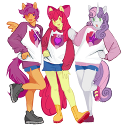 Size: 1000x1000 | Tagged: safe, artist:heartwoozy, imported from derpibooru, apple bloom, scootaloo, sweetie belle, anthro, earth pony, pegasus, unicorn, apple bloom's bow, bow, clothes, cutie mark crusaders, cutie mark on clothes, hair bow, hand on waist, lifted leg, looking at you, open mouth, open smile, shoes, shorts, simple background, smiling, spread wings, the cmc's cutie marks, white background, wings