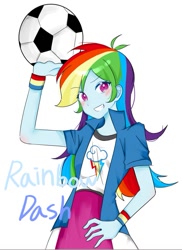 Size: 601x827 | Tagged: safe, artist:rainn__1026, imported from derpibooru, rainbow dash, human, equestria girls, ball, eyebrows, eyebrows visible through hair, football, grin, hand on hip, looking at you, simple background, smiling, smiling at you, solo, sports, white background