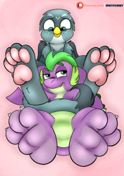 Size: 1611x2286 | Tagged: safe, artist:theinspiredsphynx, imported from derpibooru, gabby, spike, cuddling, eyebrows, featureless crotch, feet, female, fetish, foot fetish, leaning back, looking at each other, looking at someone, looking at you, looking down, male, patreon, patreon logo, patreon reward, paw pads, paws, pink background, raised eyebrow, shipping, simple background, sitting, smiling, spabby, straight, toe beans, underpaw