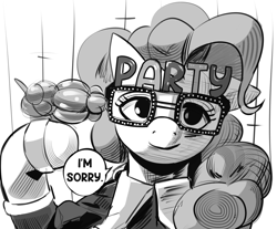 Size: 1927x1596 | Tagged: safe, artist:applephil, imported from derpibooru, pinkie pie, earth pony, pony, balloon, balloon animal, black and white, dialogue, female, glasses, grayscale, gun, hoof hold, imminent death, implied death, mare, monochrome, novelty glasses, ponified, solo, speech bubble, suicide, talking to viewer, weapon