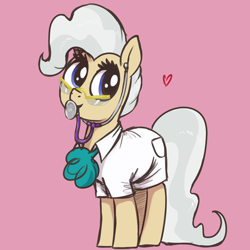 Size: 2500x2500 | Tagged: safe, artist:t72b, imported from derpibooru, mayor mare, earth pony, pony, clothes, cute, doctor, female, glasses, heart, lab coat, mare, mayorable, mouth hold, pink background, simple background, solo, stethoscope