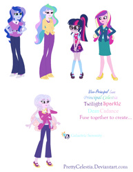 Size: 1166x1514 | Tagged: safe, artist:prettycelestia, imported from derpibooru, princess cadance, princess celestia, princess luna, sci-twi, twilight sparkle, oc, oc:galactric serenity, equestria girls, adult, alicorn tetrarchy, belt buckle, clothes, dean cadance, eyeshadow, fusion, fusion:dean cadance, fusion:princess cadance, fusion:princess celestia, fusion:princess luna, fusion:principal celestia, fusion:sci-twi, fusion:scitwilunestiance, fusion:twilight sparkle, fusion:twilunestiance, fusion:vice principal luna, high heels, jacket, long pants, makeup, multiple arms, principal celestia, shoes, simple background, starry hair, vice principal luna, white background