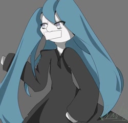 Size: 768x740 | Tagged: safe, artist:bridge, artist:bridge ngm, imported from derpibooru, oc, oc only, oc:line, earth pony, pony, semi-anthro, autograph, black dress, clothes, dress, eye clipping through hair, gray background, long hair, long mane, paper, raised hoof, simple background, solo