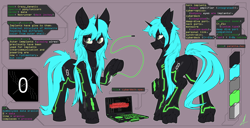 Size: 9288x4750 | Tagged: safe, artist:midnightflight, imported from derpibooru, oc, oc only, oc:crazy_genetic, pony, unicorn, butt, computer, cyberpunk, cyberpunk 2077, dock, horn, laptop computer, plot, reference, reference sheet, solo, tail, unicorn oc