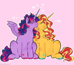 Size: 3424x3024 | Tagged: safe, artist:mysthooves, imported from derpibooru, sunset shimmer, twilight sparkle, alicorn, pony, unicorn, blushing, colored hooves, duo, eyes closed, female, floating heart, heart, heart mark, lesbian, mare, pink background, shipping, simple background, sitting, smiling, sparkles, spread wings, sunsetsparkle, twilight sparkle (alicorn), wings