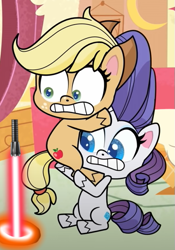 Size: 421x600 | Tagged: safe, edit, edited screencap, imported from derpibooru, screencap, applejack, rarity, earth pony, pony, unicorn, my little pony: pony life, sick day, female, g4.5, lightsaber, mare, meme, rick and morty, star wars, vertical, weapon