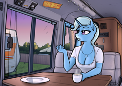 Size: 2283x1614 | Tagged: safe, artist:apocheck13, imported from derpibooru, trixie, anthro, unicorn, beautiful, breasts, camper, cleavage, clothes, coffee, coffee mug, female, jewelry, morning, mug, necklace, rv, shirt, short shirt, solo, trailer, van