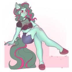 Size: 1280x1280 | Tagged: safe, artist:gatewayeee, imported from derpibooru, oc, anthro, earth pony, unguligrade anthro, blushing, bra, breasts, cleavage, clothes, daisy dukes, earth pony oc, eyebrows, female, highlights, mesh, midriff, short shirt, shorts, sitting, smiling, solo, thighs, two toned hair, underwear, wavy hair