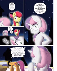 Size: 3000x3700 | Tagged: safe, artist:begoliah, imported from derpibooru, apple bloom, scootaloo, sweetie belle, earth pony, pegasus, pony, unicorn, comic:crusaders, apple bloom's bow, bow, butt, cannon, comic, cutie mark crusaders, dialogue, female, hair bow, plot, speech bubble