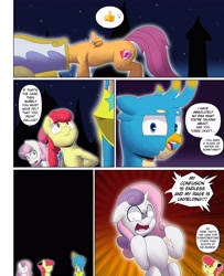 Size: 3000x3700 | Tagged: safe, artist:begoliah, imported from derpibooru, apple bloom, gallus, scootaloo, sweetie belle, earth pony, griffon, pegasus, pony, unicorn, comic:crusaders, apple bloom's bow, bow, butt, cannon, comic, cutie mark crusaders, dialogue, emoji, female, hair bow, male, plot, speech bubble, thumbs up, wing hands, wings