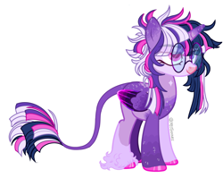 Size: 4096x3256 | Tagged: safe, artist:mysthooves, imported from derpibooru, oc, oc only, oc:dusk eclipsis sparkle, alicorn, pony, alicorn oc, base used, colored hooves, folded wings, glasses, heterochromia, horn, kinsona, leonine tail, lidded eyes, male, messy mane, signature, simple background, smiling, solo, sparkles, stallion, tail, unshorn fetlocks, white background, wings