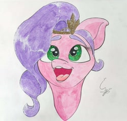 Size: 1657x1586 | Tagged: safe, artist:engi, imported from derpibooru, pipp petals, pegasus, pony, crown, female, g5, jewelry, open mouth, poggers, regalia, simple background, solo, teeth, traditional art, watercolor painting