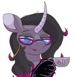 Size: 2872x2945 | Tagged: safe, artist:ljdamz1119, imported from derpibooru, fhtng th§ ¿nsp§kbl, unicorn, them's fightin' herds, bust, community related, cup, curved horn, digital art, female, glasses, horn, looking at you, mare, oleander (tfh), reaction image, simple background, solo, transparent background